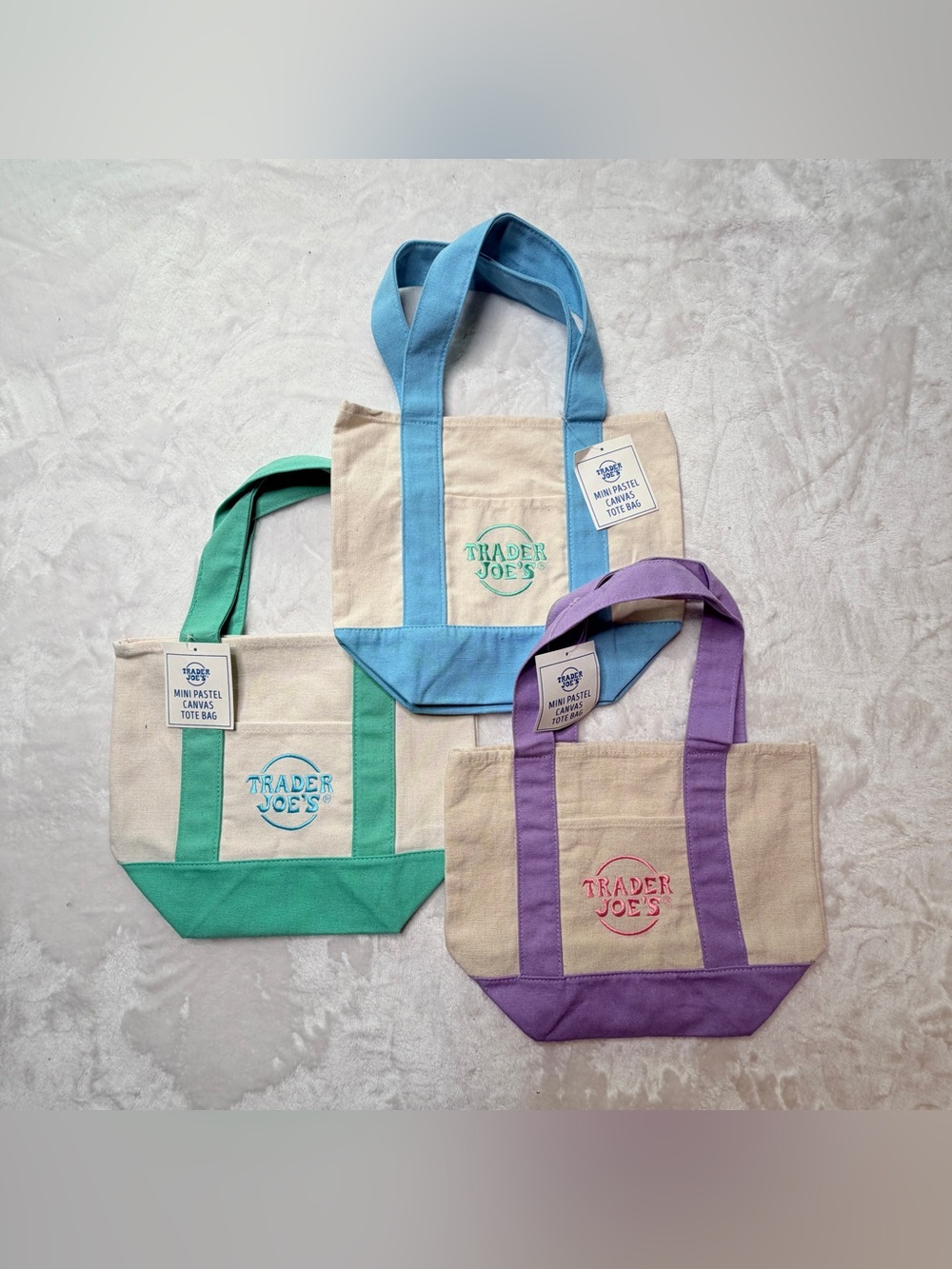 Trader Joe’s mini pastel canvas totes. Set of 3 NWT. Limited edition springtime